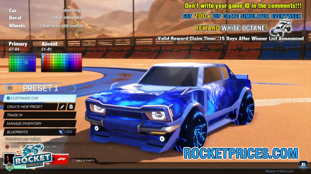 Best Rocket League Painted Dingo Car Designs With Astro Csx Inverted Wheels Interstellar Decals Rocketleaguedesigns Com